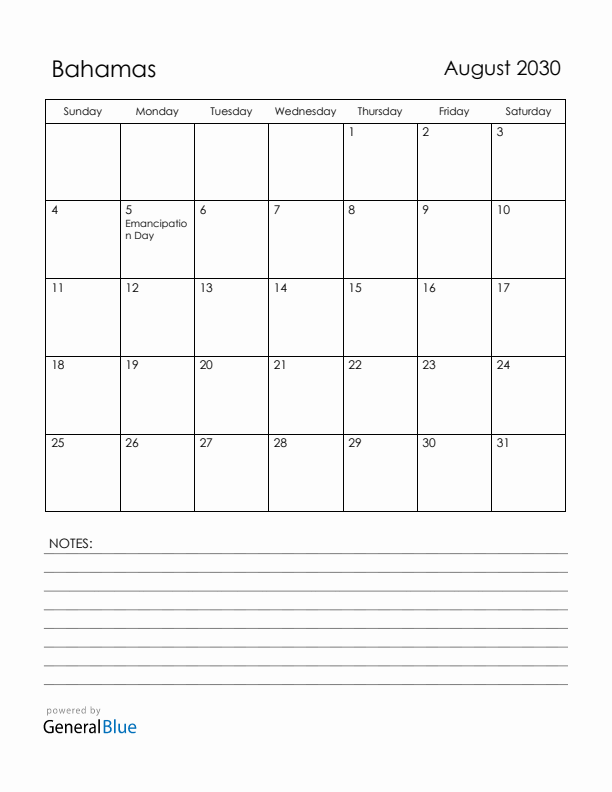 August 2030 Bahamas Calendar with Holidays (Sunday Start)