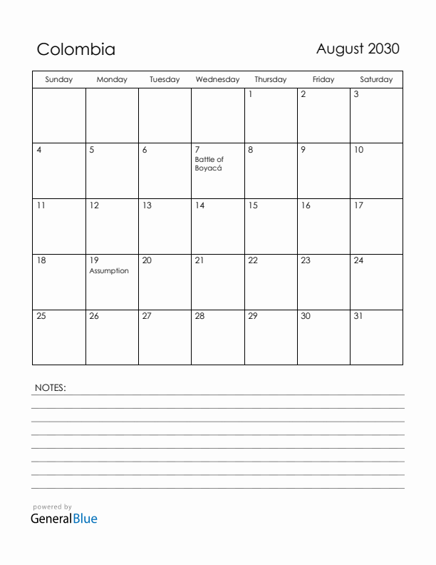 August 2030 Colombia Calendar with Holidays (Sunday Start)