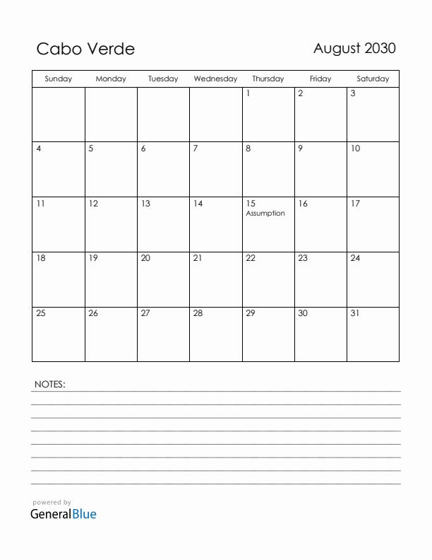 August 2030 Cabo Verde Calendar with Holidays (Sunday Start)