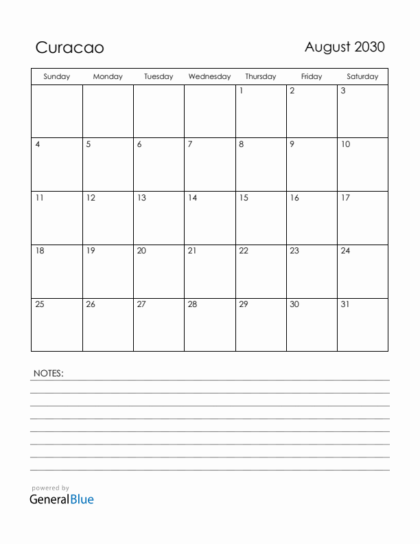 August 2030 Curacao Calendar with Holidays (Sunday Start)