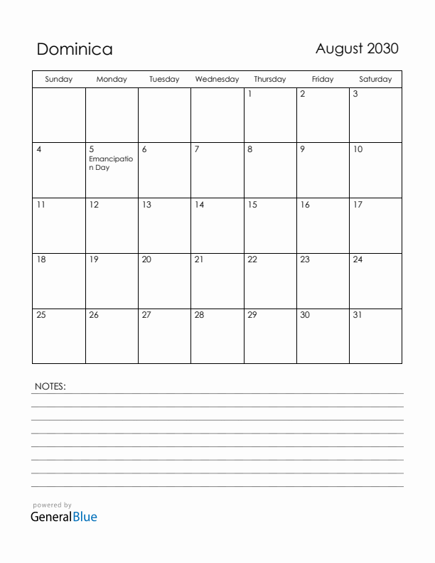 August 2030 Dominica Calendar with Holidays (Sunday Start)