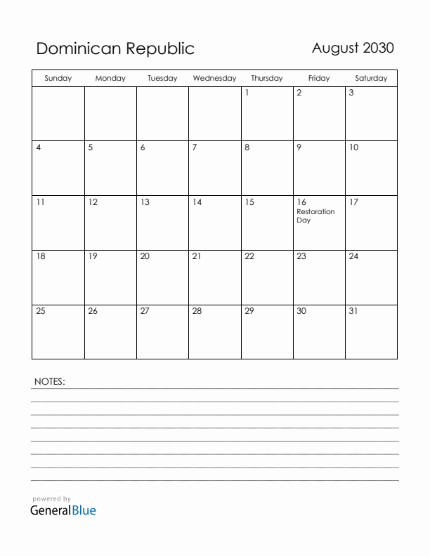 August 2030 Dominican Republic Calendar with Holidays (Sunday Start)