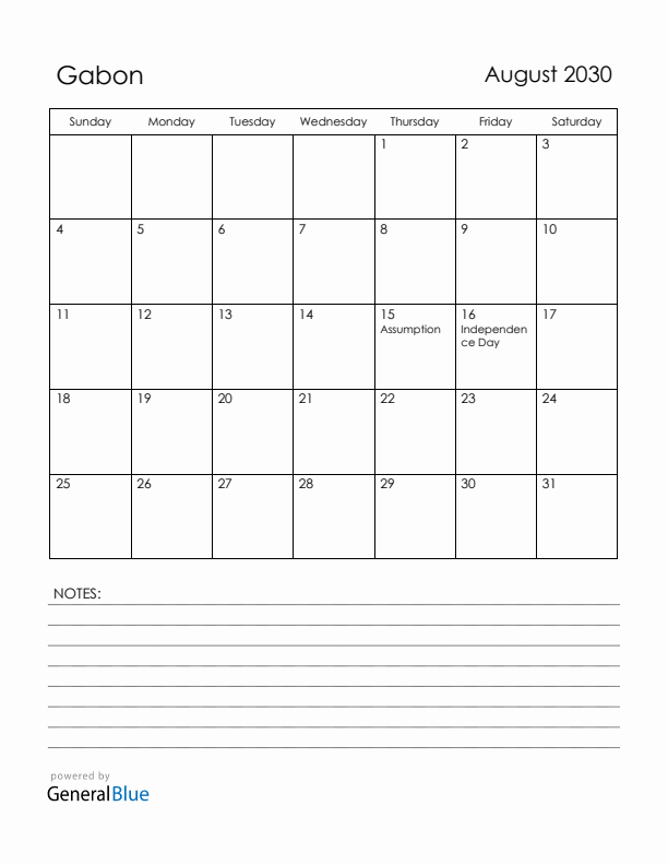 August 2030 Gabon Calendar with Holidays (Sunday Start)