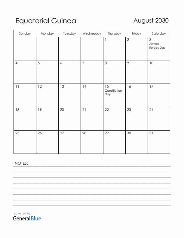 August 2030 Equatorial Guinea Calendar with Holidays (Sunday Start)