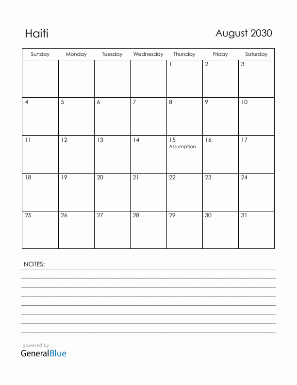 August 2030 Haiti Calendar with Holidays (Sunday Start)