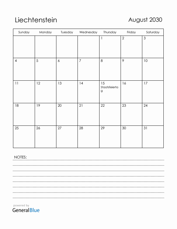 August 2030 Liechtenstein Calendar with Holidays (Sunday Start)