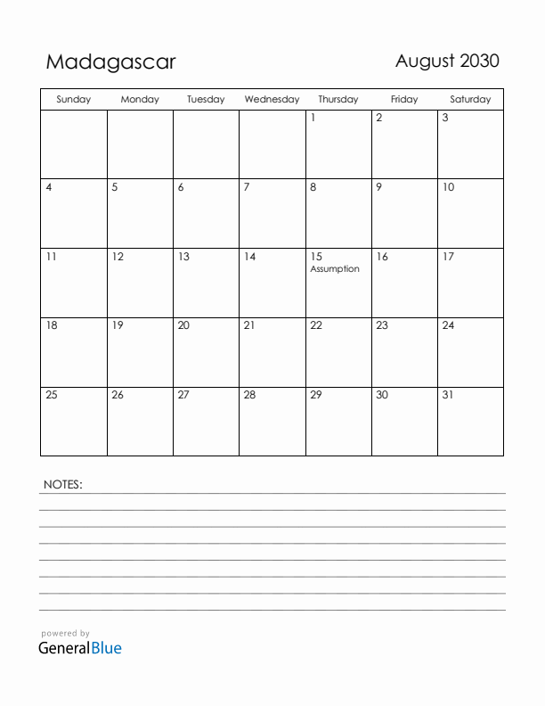 August 2030 Madagascar Calendar with Holidays (Sunday Start)