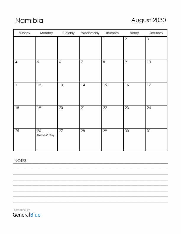 August 2030 Namibia Calendar with Holidays (Sunday Start)