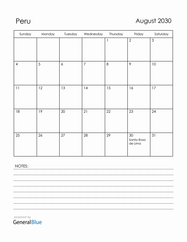 August 2030 Peru Calendar with Holidays (Sunday Start)