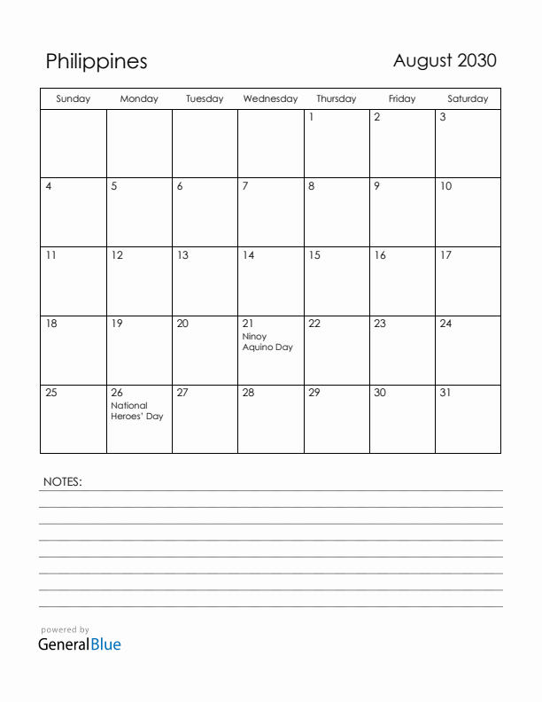August 2030 Philippines Calendar with Holidays (Sunday Start)