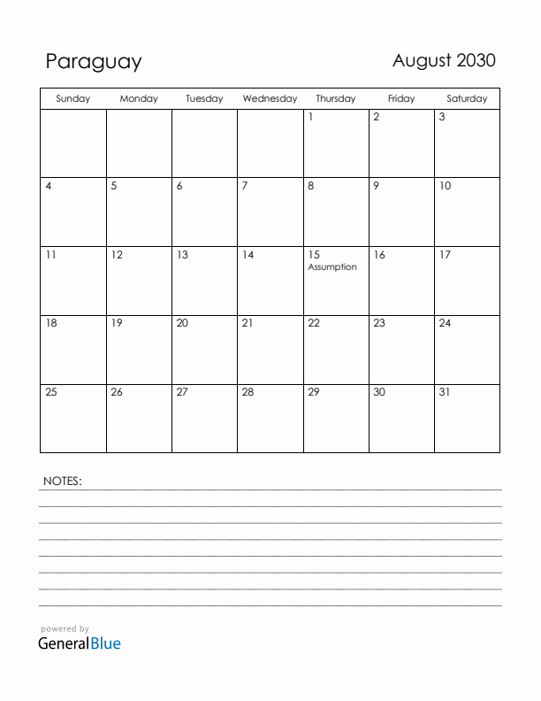 August 2030 Paraguay Calendar with Holidays (Sunday Start)