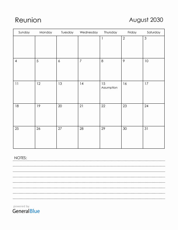 August 2030 Reunion Calendar with Holidays (Sunday Start)