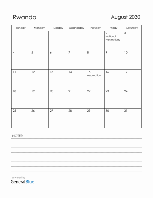 August 2030 Rwanda Calendar with Holidays (Sunday Start)