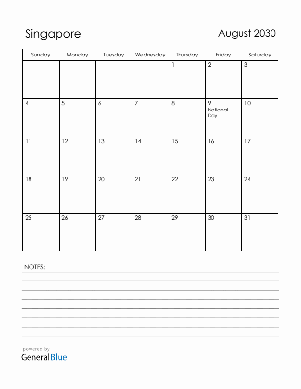 August 2030 Singapore Calendar with Holidays (Sunday Start)