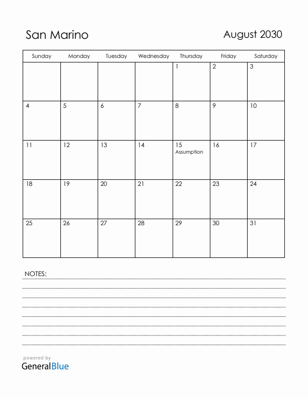 August 2030 San Marino Calendar with Holidays (Sunday Start)