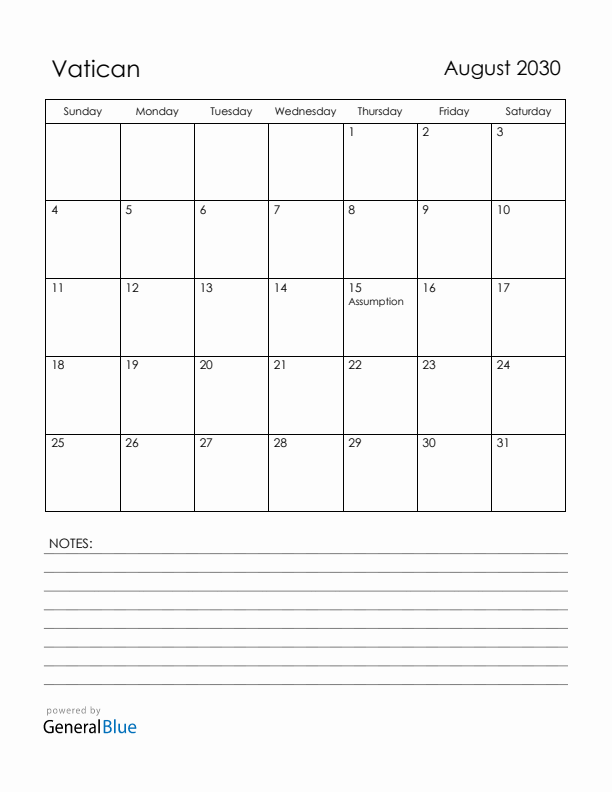 August 2030 Vatican Calendar with Holidays (Sunday Start)