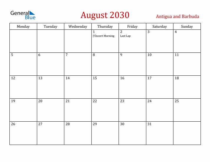 Antigua and Barbuda August 2030 Calendar - Monday Start