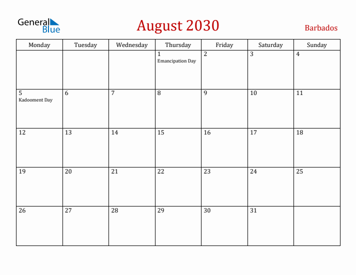 Barbados August 2030 Calendar - Monday Start