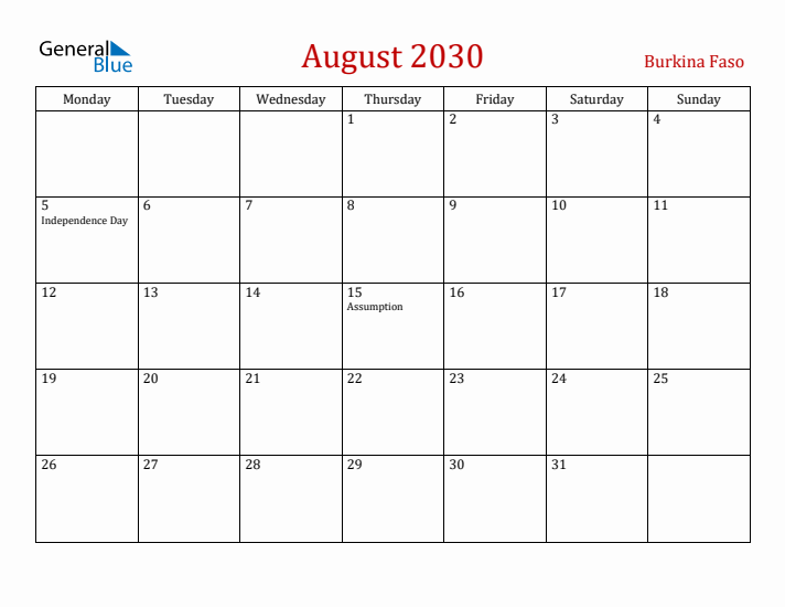Burkina Faso August 2030 Calendar - Monday Start
