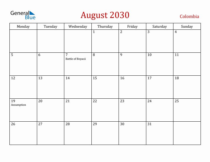 Colombia August 2030 Calendar - Monday Start