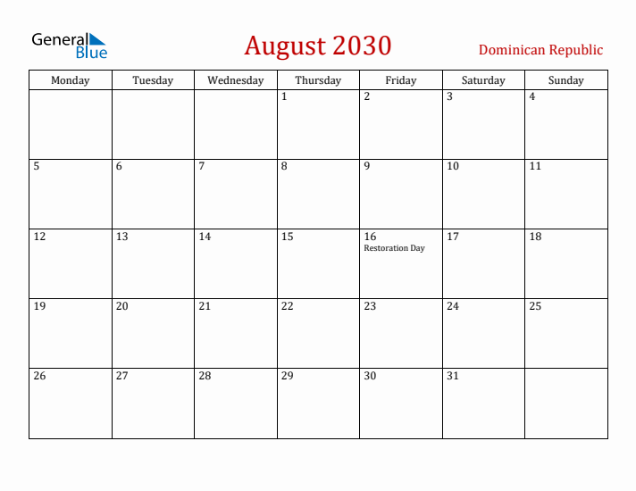 Dominican Republic August 2030 Calendar - Monday Start