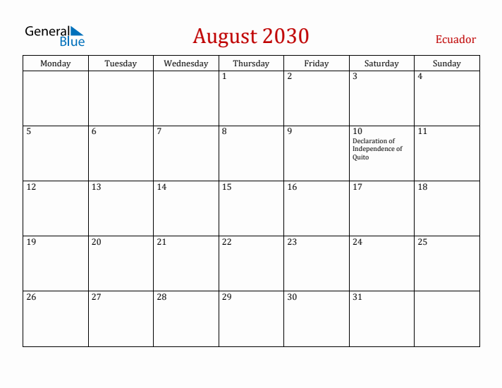 Ecuador August 2030 Calendar - Monday Start