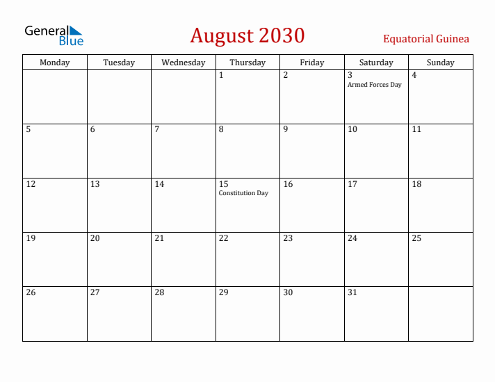 Equatorial Guinea August 2030 Calendar - Monday Start