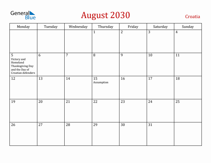 Croatia August 2030 Calendar - Monday Start