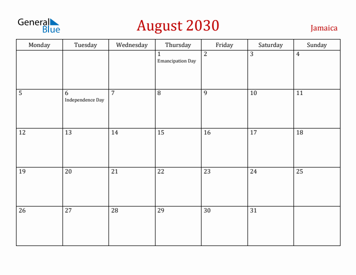 Jamaica August 2030 Calendar - Monday Start