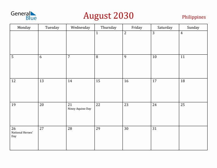 Philippines August 2030 Calendar - Monday Start
