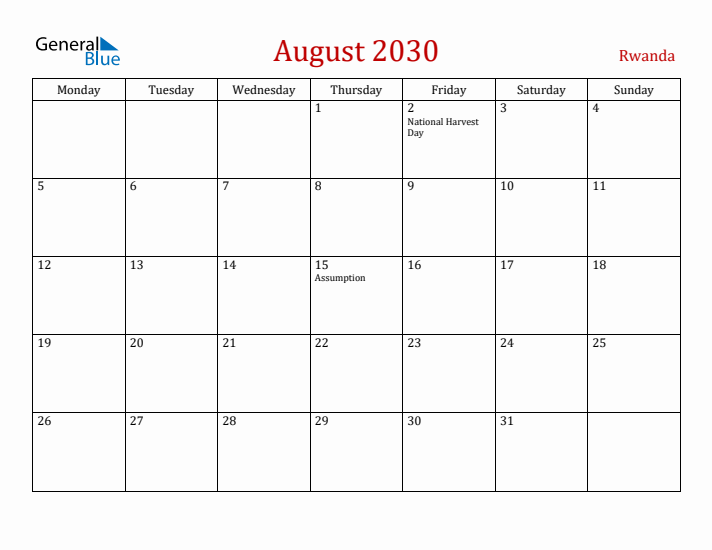 Rwanda August 2030 Calendar - Monday Start