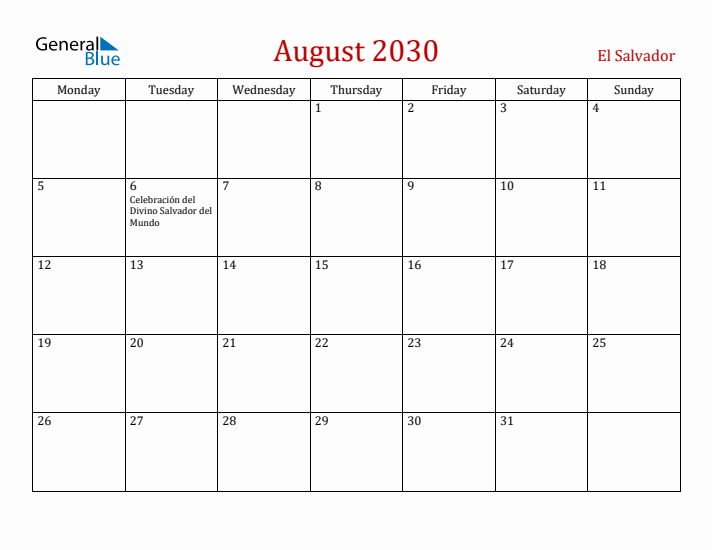 El Salvador August 2030 Calendar - Monday Start