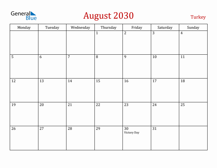 Turkey August 2030 Calendar - Monday Start