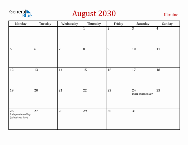Ukraine August 2030 Calendar - Monday Start