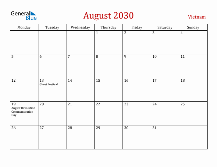 Vietnam August 2030 Calendar - Monday Start