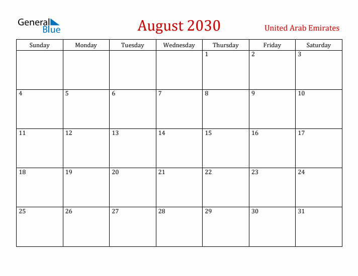 United Arab Emirates August 2030 Calendar - Sunday Start