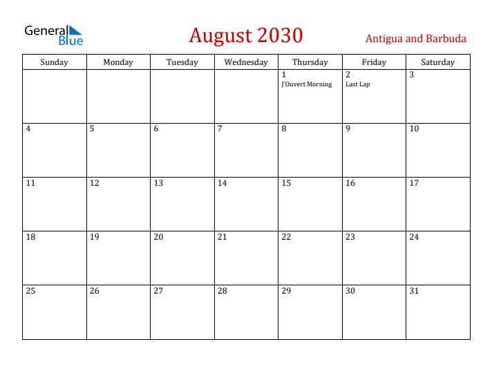 Antigua and Barbuda August 2030 Calendar - Sunday Start