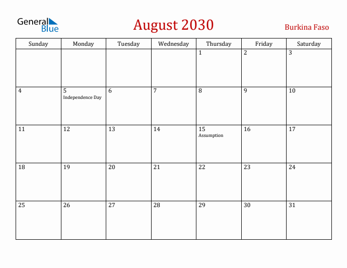 Burkina Faso August 2030 Calendar - Sunday Start