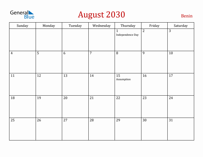Benin August 2030 Calendar - Sunday Start