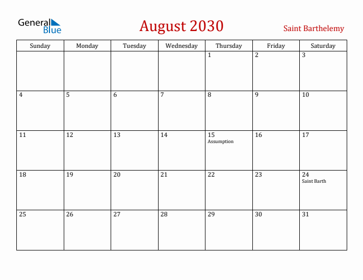 Saint Barthelemy August 2030 Calendar - Sunday Start