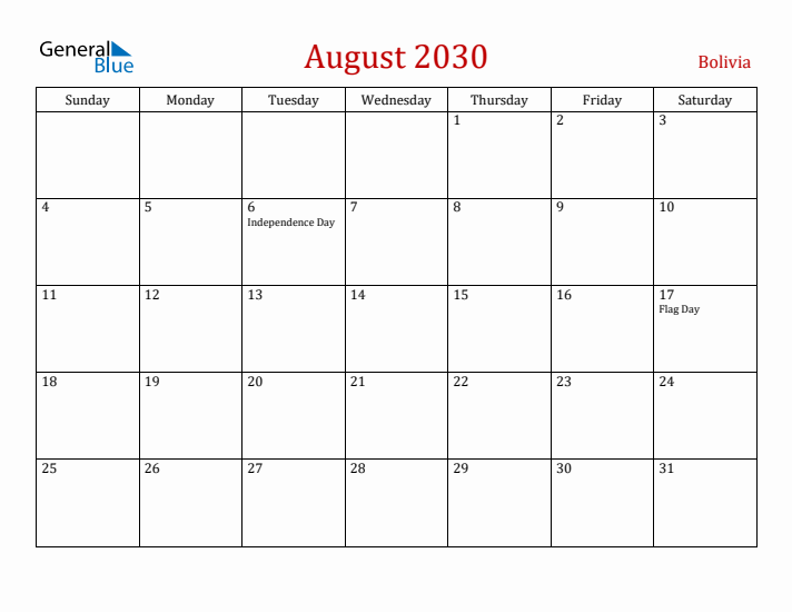 Bolivia August 2030 Calendar - Sunday Start