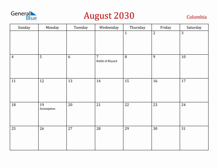 Colombia August 2030 Calendar - Sunday Start