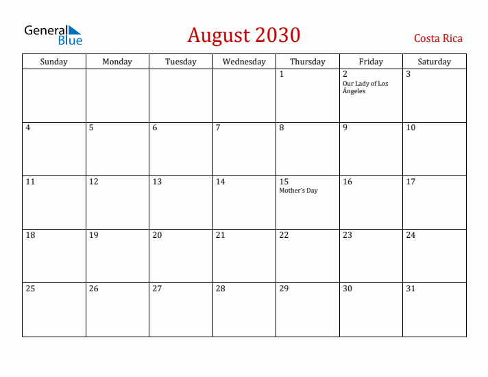 Costa Rica August 2030 Calendar - Sunday Start