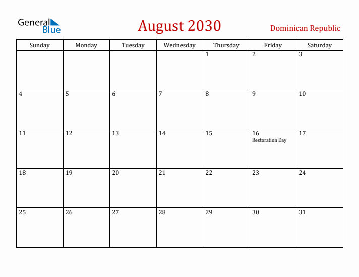 Dominican Republic August 2030 Calendar - Sunday Start