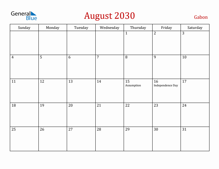 Gabon August 2030 Calendar - Sunday Start