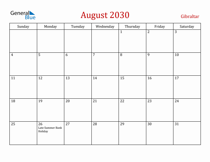Gibraltar August 2030 Calendar - Sunday Start