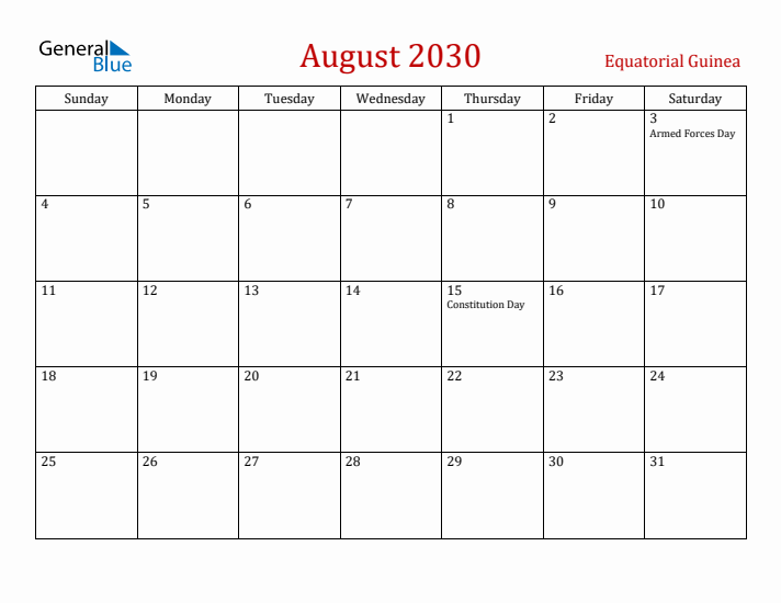 Equatorial Guinea August 2030 Calendar - Sunday Start