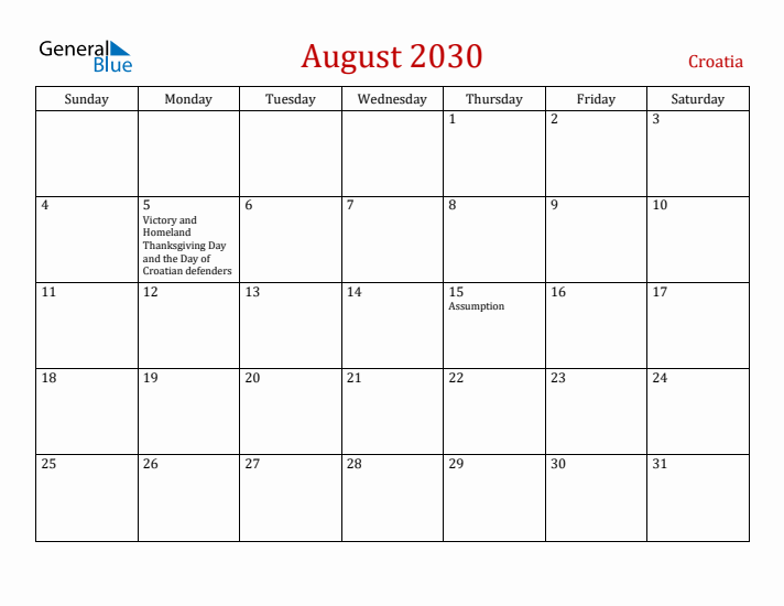 Croatia August 2030 Calendar - Sunday Start
