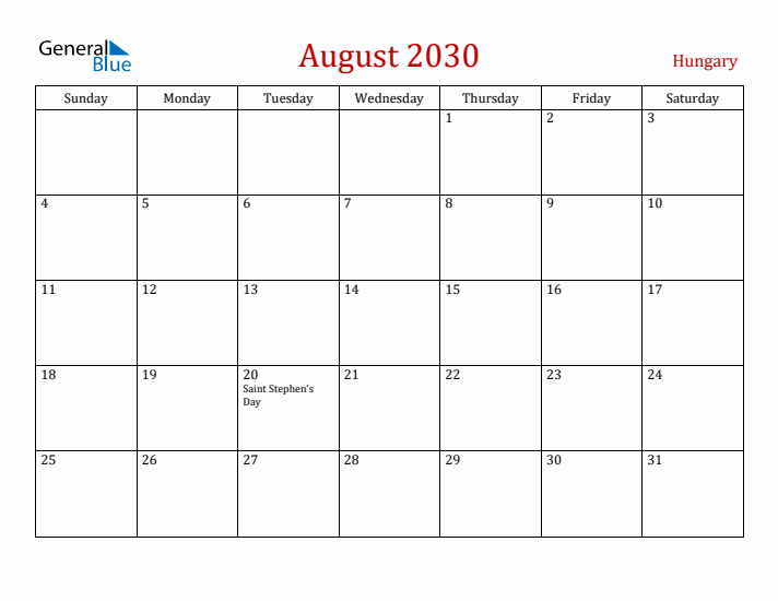 Hungary August 2030 Calendar - Sunday Start