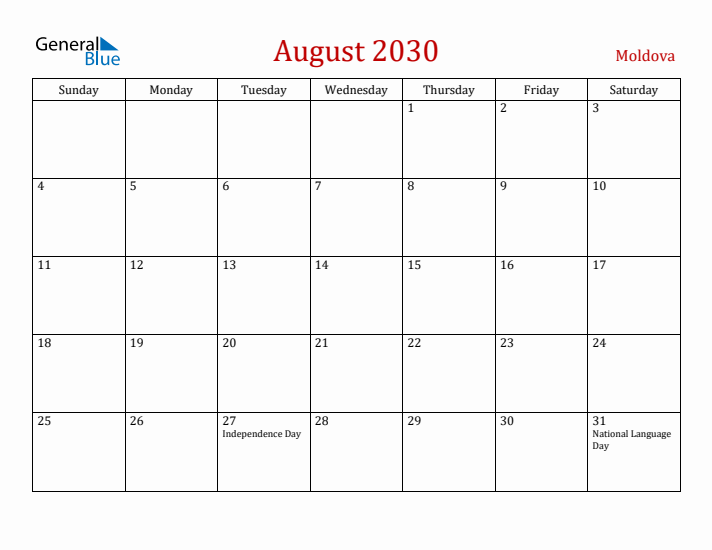 Moldova August 2030 Calendar - Sunday Start